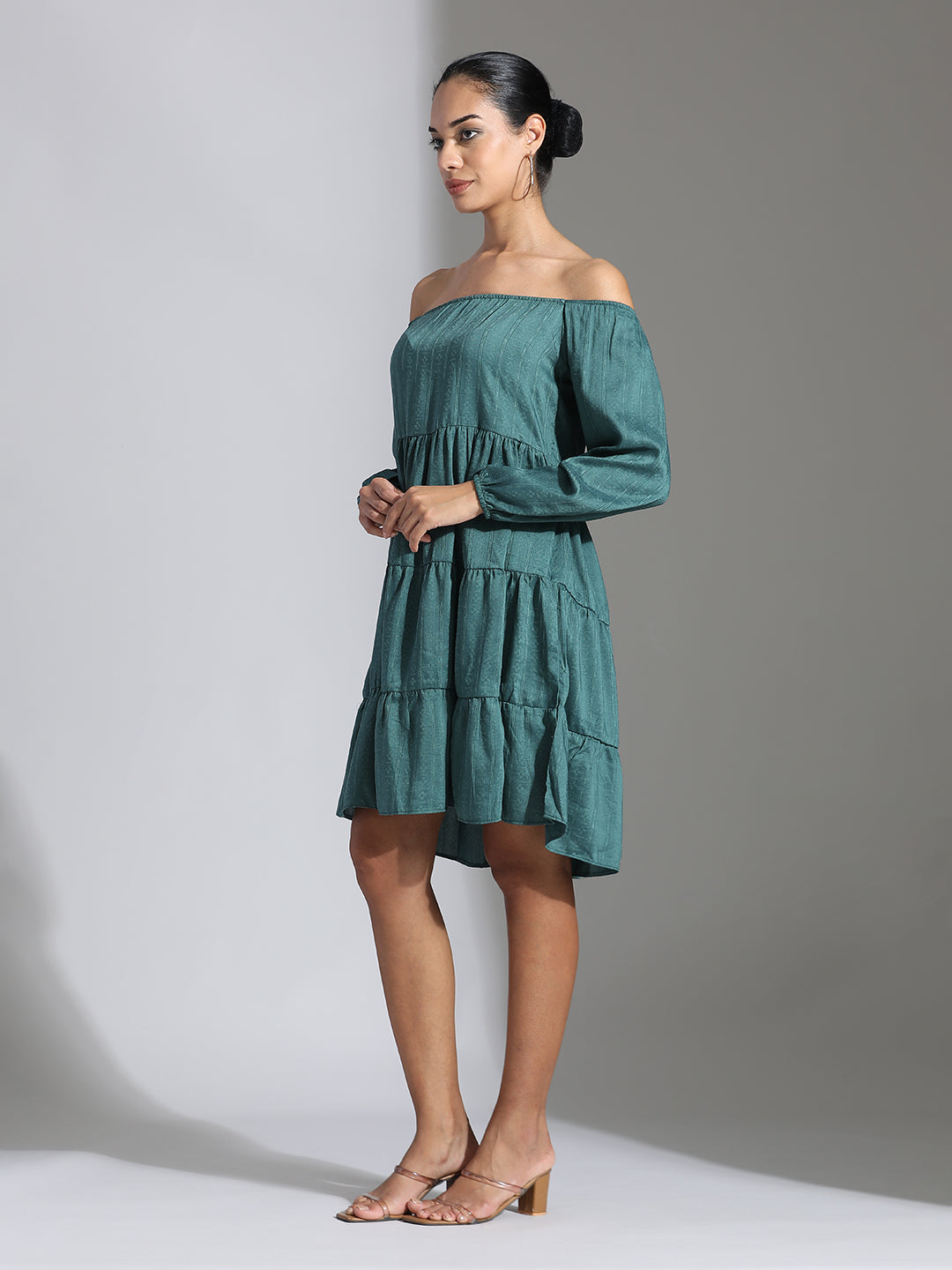 Teal Party Wear Tiered Flared Dress