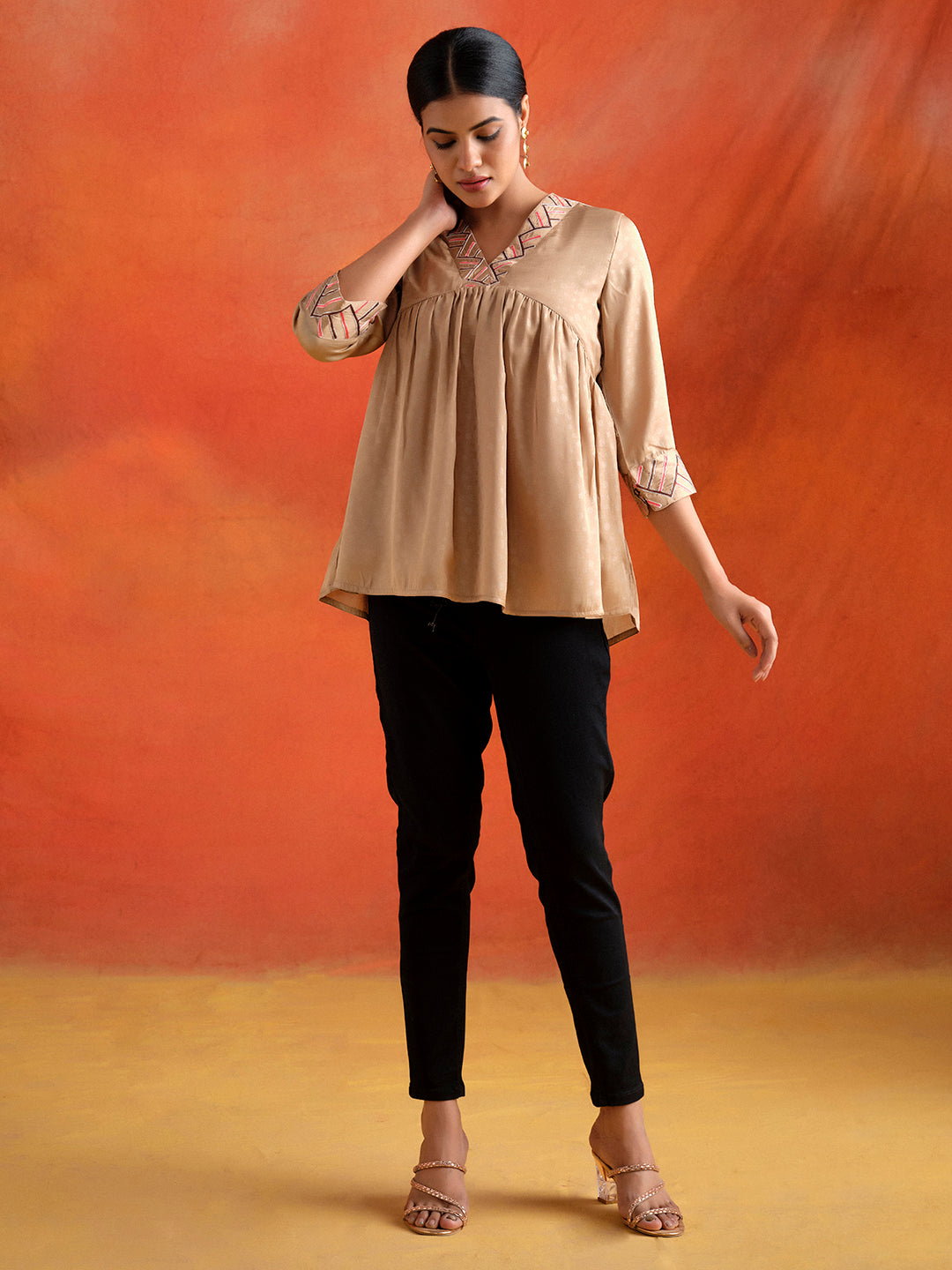 Beige Resham Embroidered Gathered Top