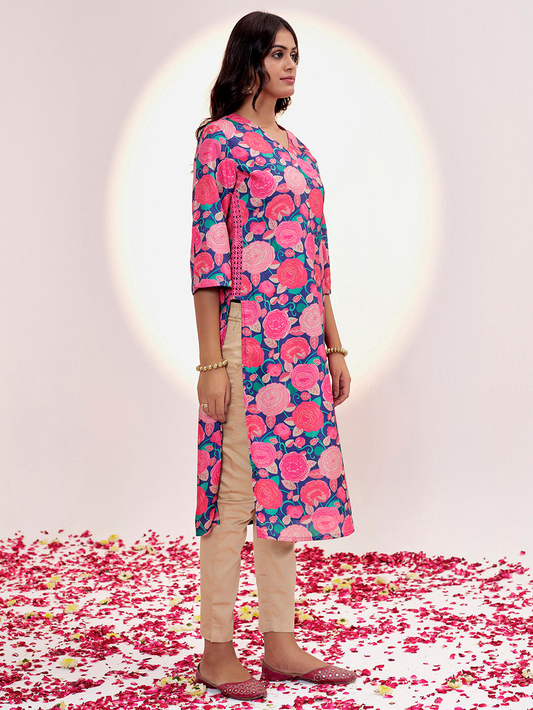 Purple Floral Printed Festive Straight Kurta