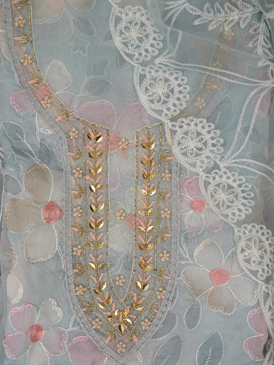 Sea Green Floral Embroidered Organza Dress Material with Dupatta