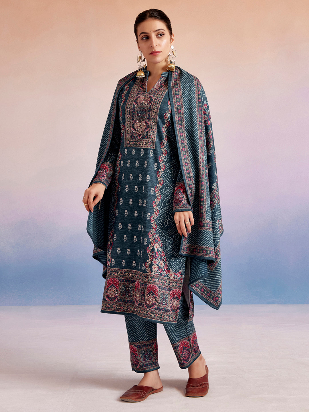 Sea Green Woolen Floral Printed Kurta Set With Dupatta