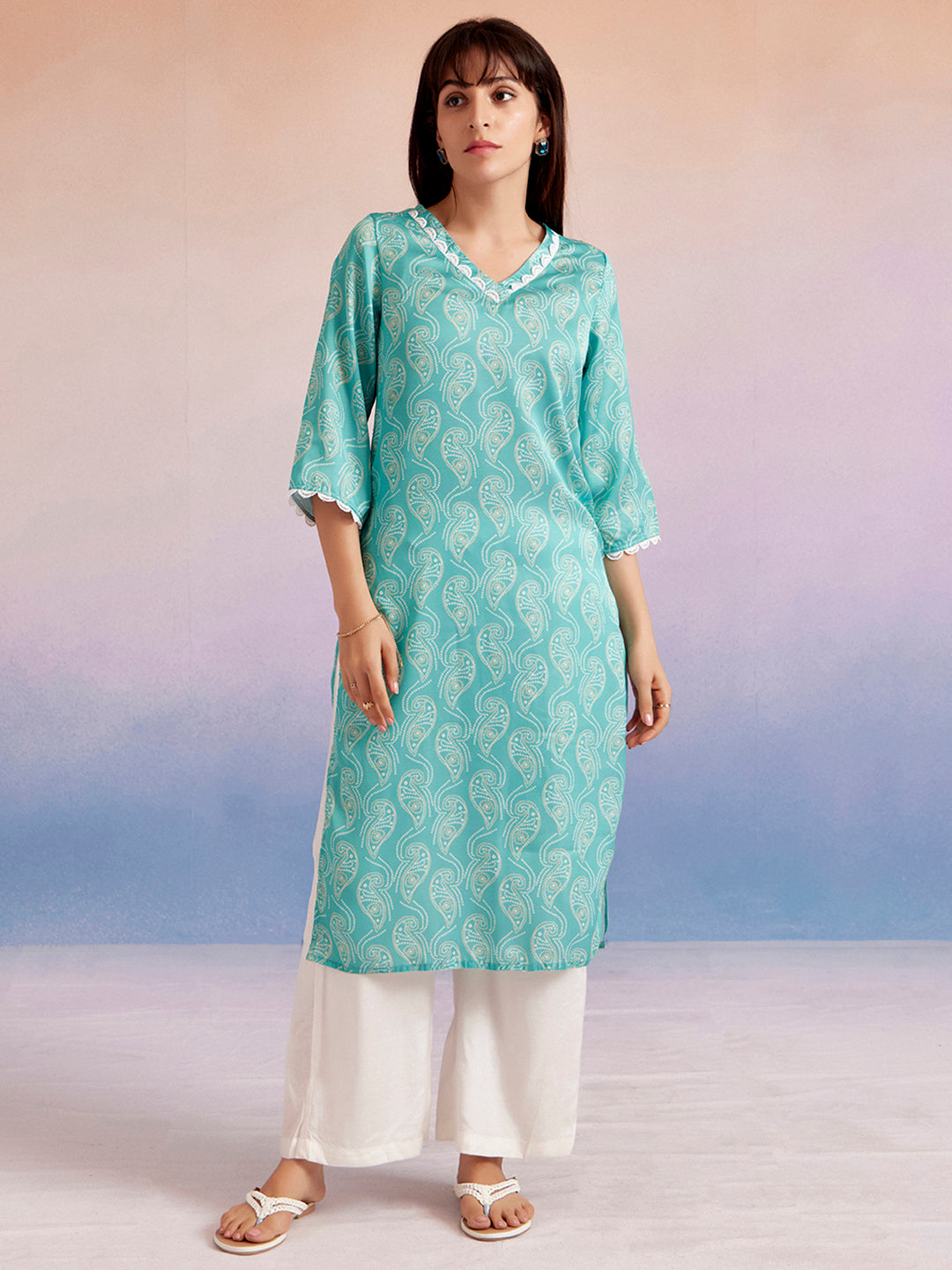 Turquoise Blue Bandhej Printed Straight Kurta