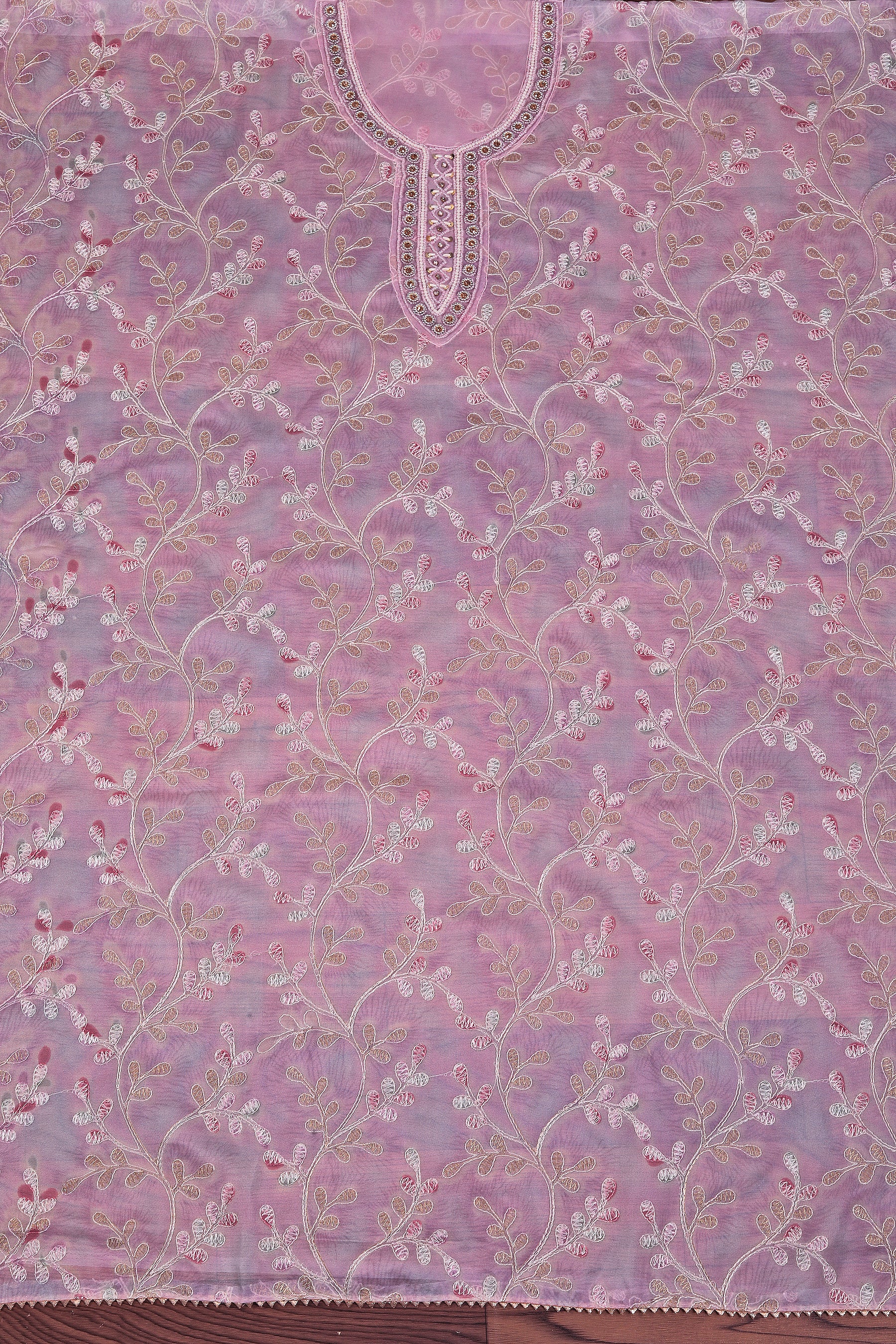 Lavender Organza Embellished Dress Material With Dupatta