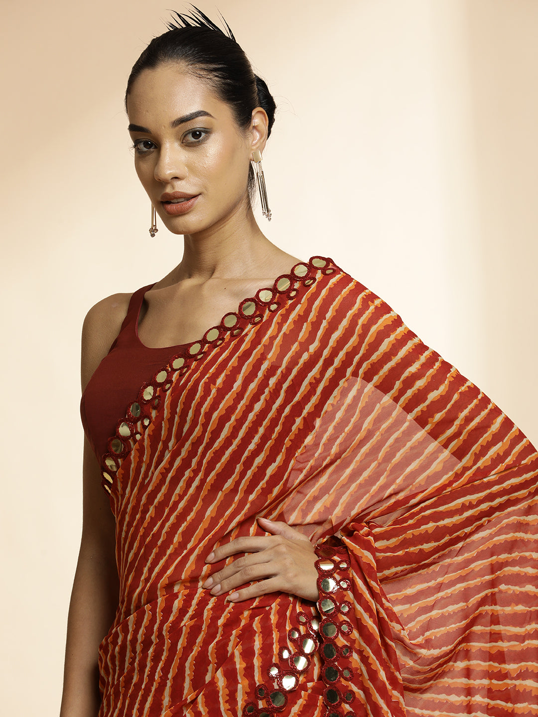 Chiffon Leheriya Mirror Work Saree