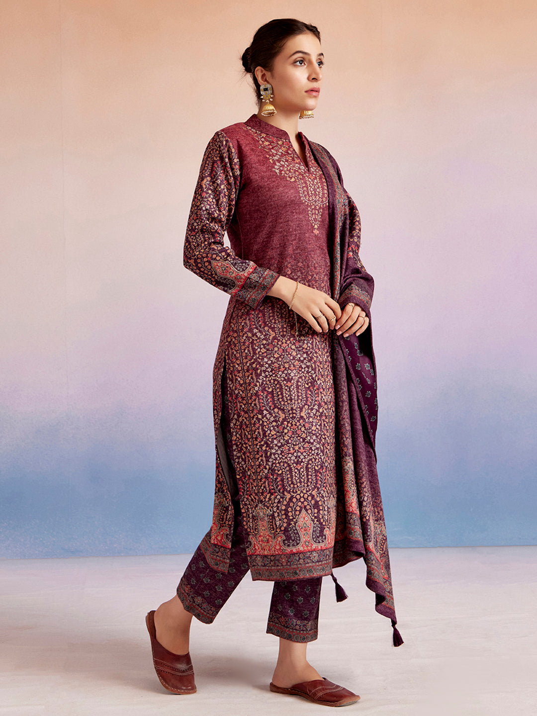 Pink Woolen Floral Printed Kurta Set With Dupatta