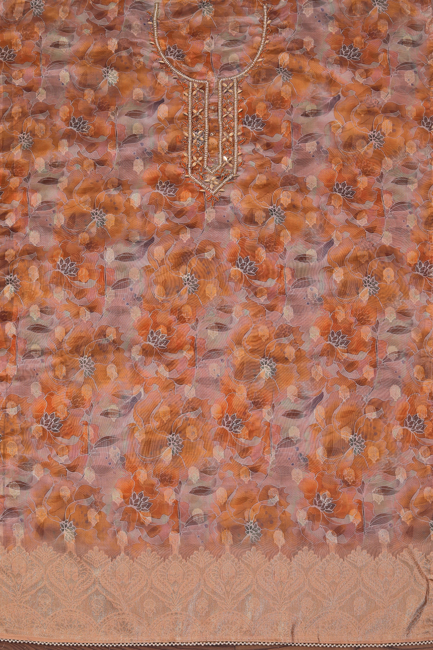 Light Orange Embellished Ethnic Motif Printed Organza Dress Material With Dupatta