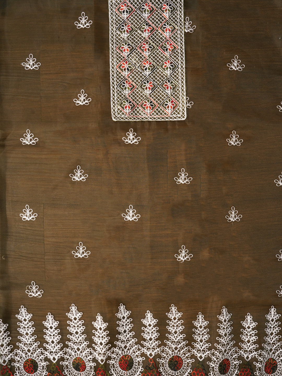 Mehandi Zari Embroidered Organza Dress Material with Dupatta