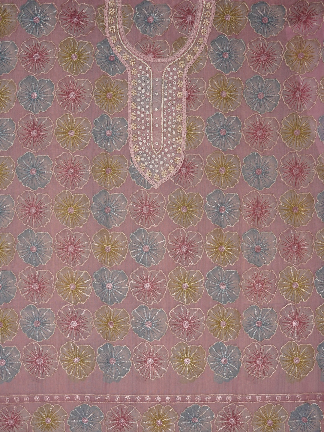 Pink Floral Sequin Embroidered Organza Dress Material with Dupatta
