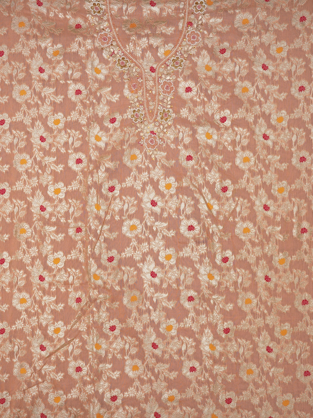 Peach Zari Brocade Cotton Dress Material with Dupatta