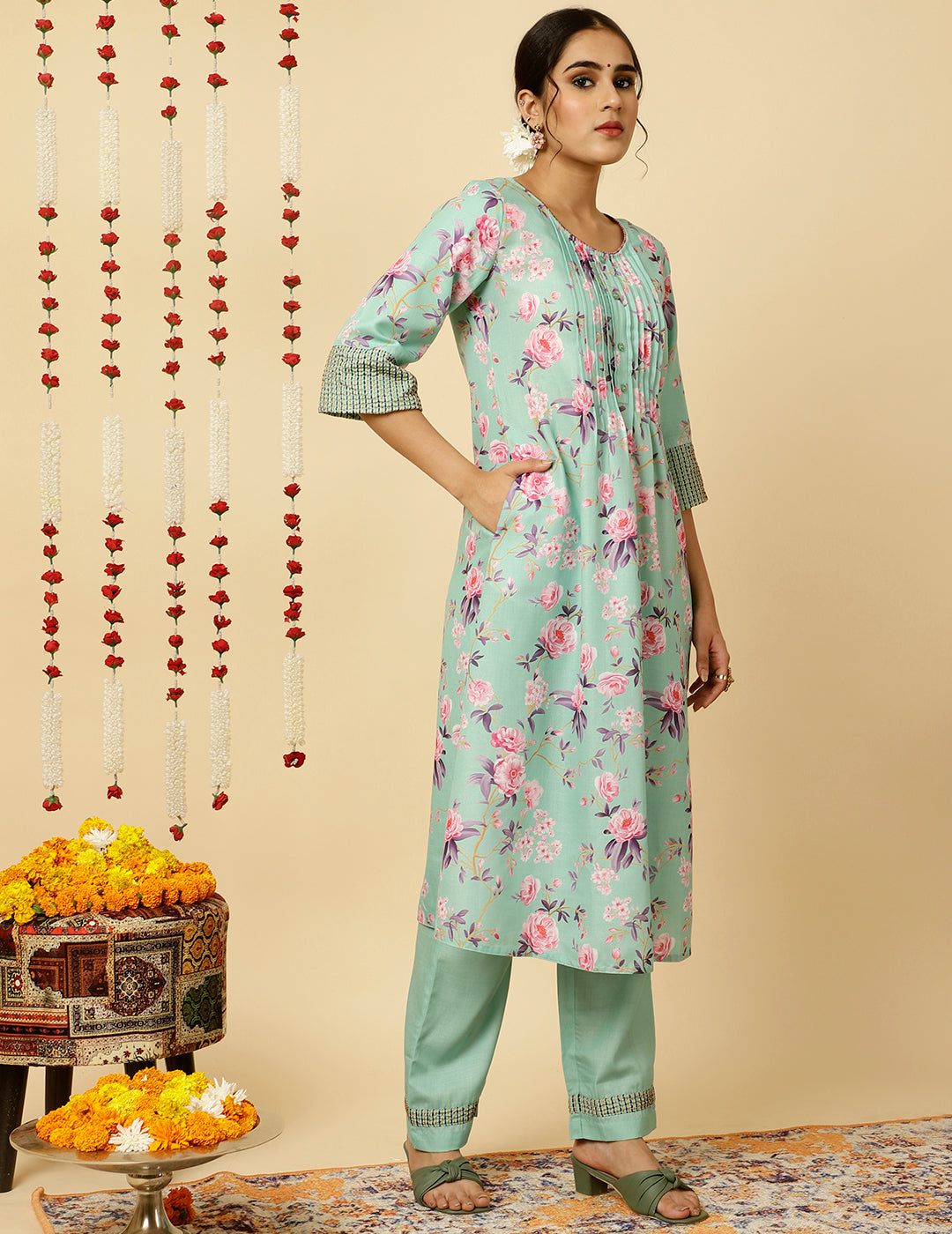EMBROIDERED GREEN ROSE PRINT PLEATED PAKISTANI KURTA WITH PANTS AND DUPATTA
