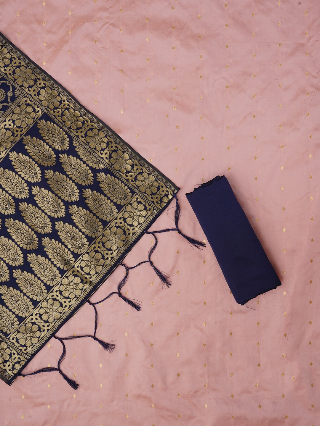 Baby Pink Zari Woven Silk Blend Dress Material With Dupatta