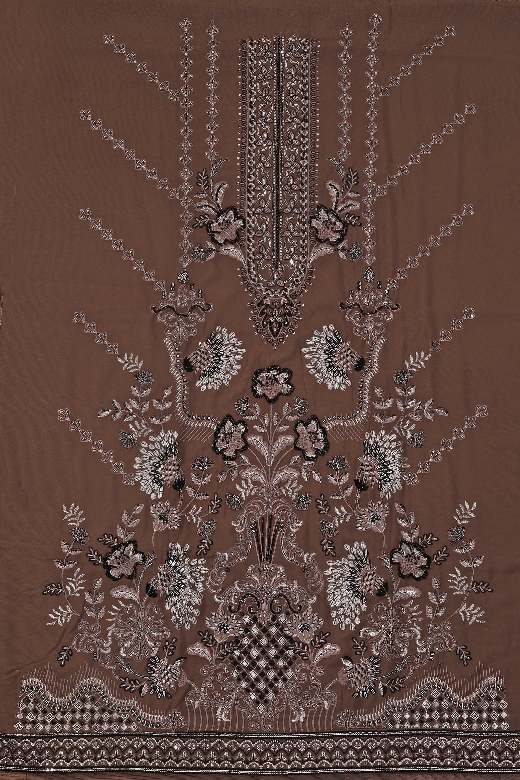 Brown Heavy Embroidered Poly Georgette Dress Material with Dupatta