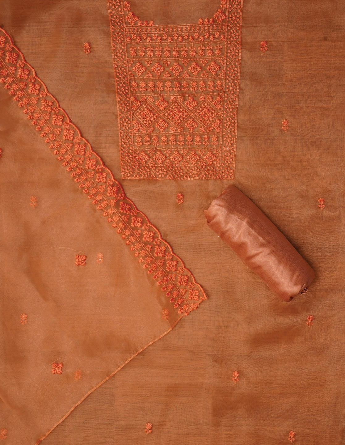 Orange Unstitched Embroidered Organza Festive Dress Material With Dupatta