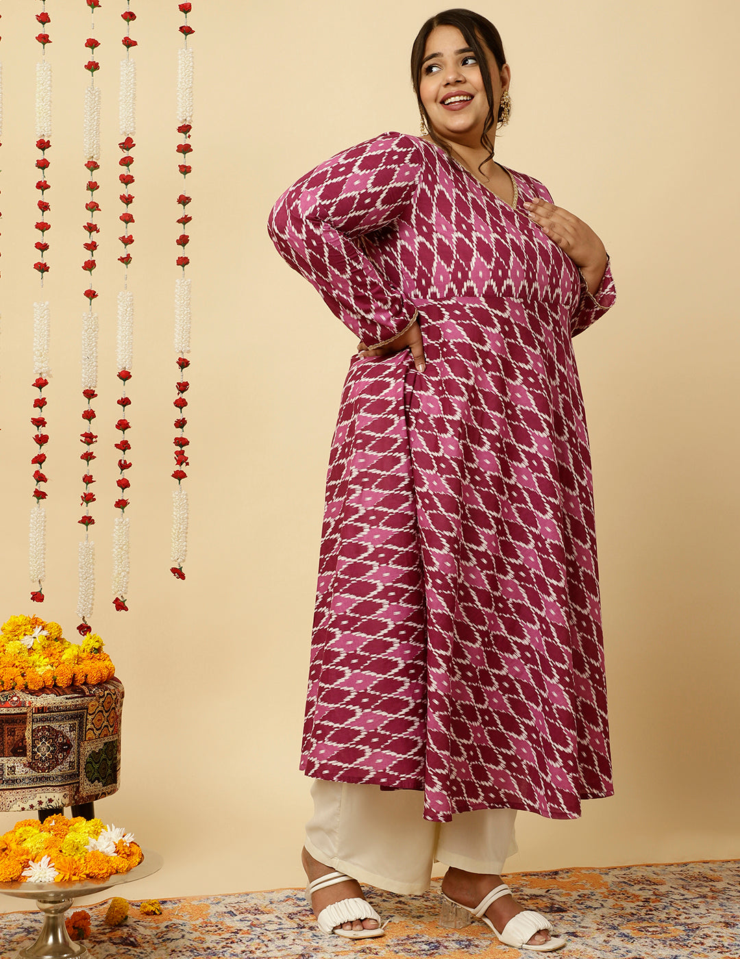 Plus Size Purple Ikat Printed Angrakha Kurta