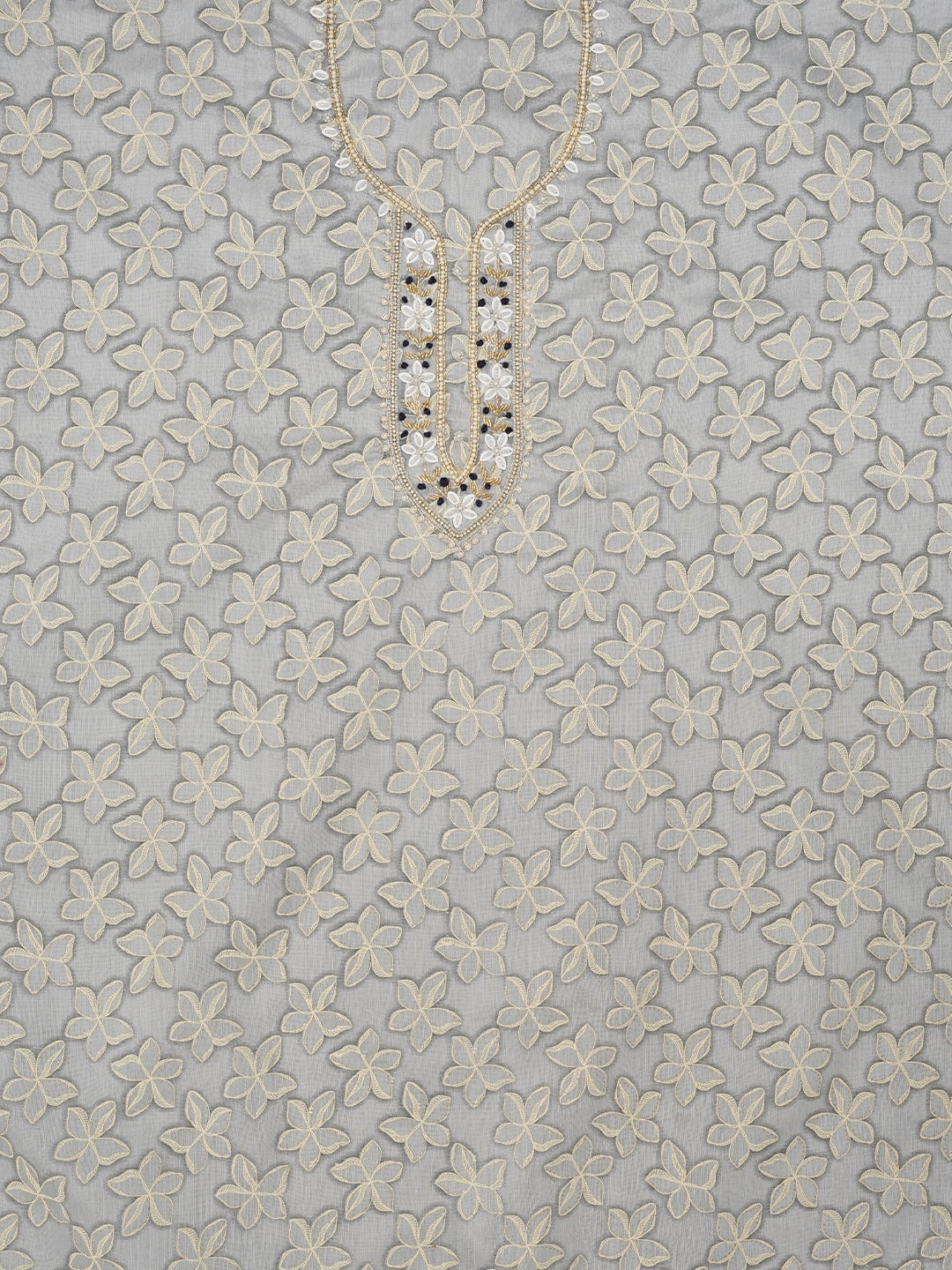 Grey Floral Printed Embellished Cotton Dress Material with Dupatta