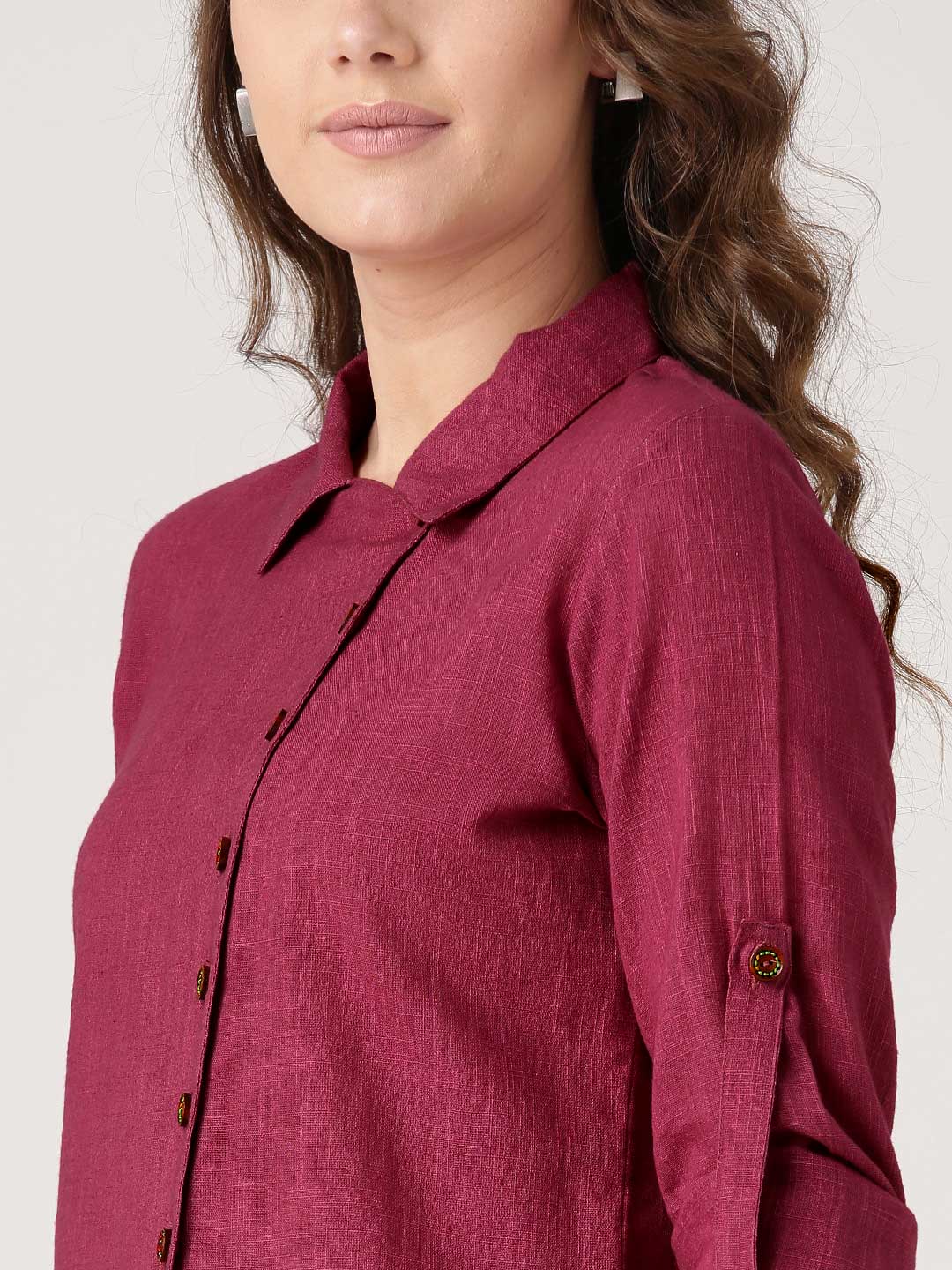 Pink Solid Front Placket Cotton Slub Shirt