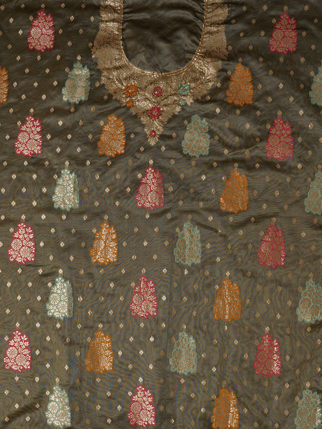 Unstitched Woven Design Silk Blend Green Dress Material With Dupatta