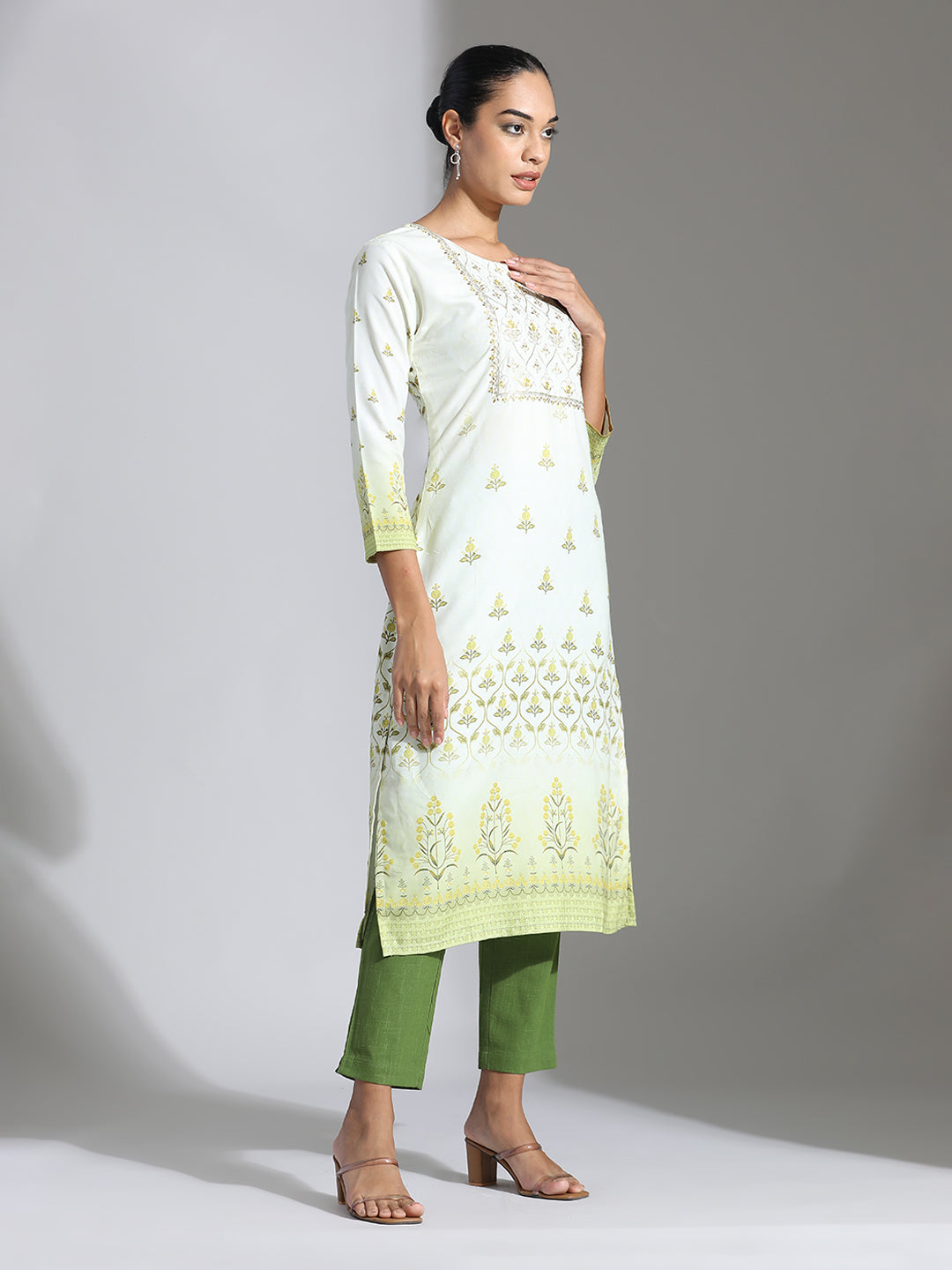 Light Green Printed Poly Rayon Straight Kurta