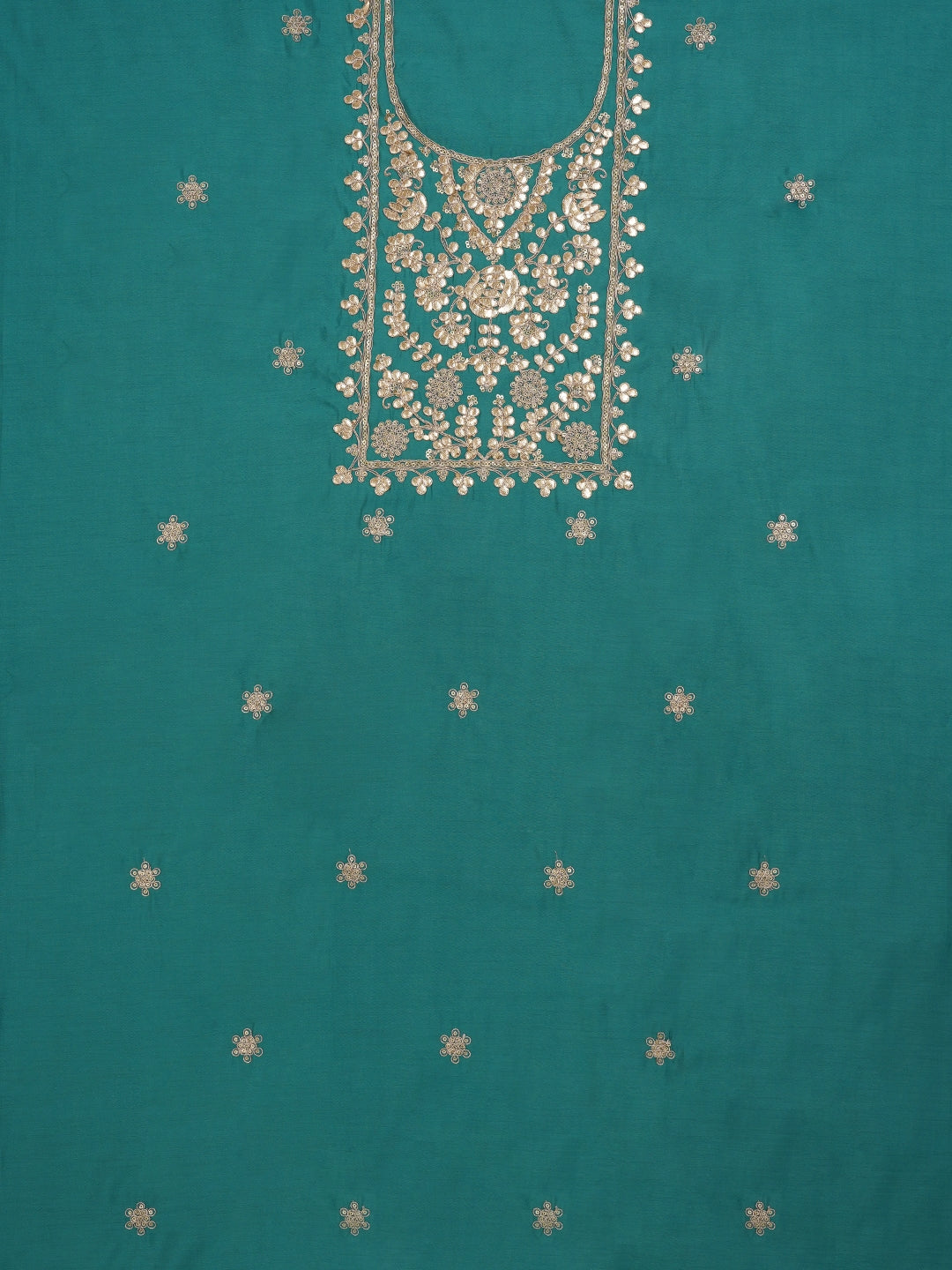 Teal Floral Printed Embroidered Pure Silk Dress Material with Dupatta