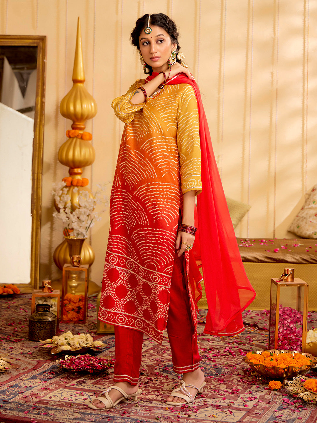 Mustard Bandhani Printed Festive Kurta Set With Dupatta