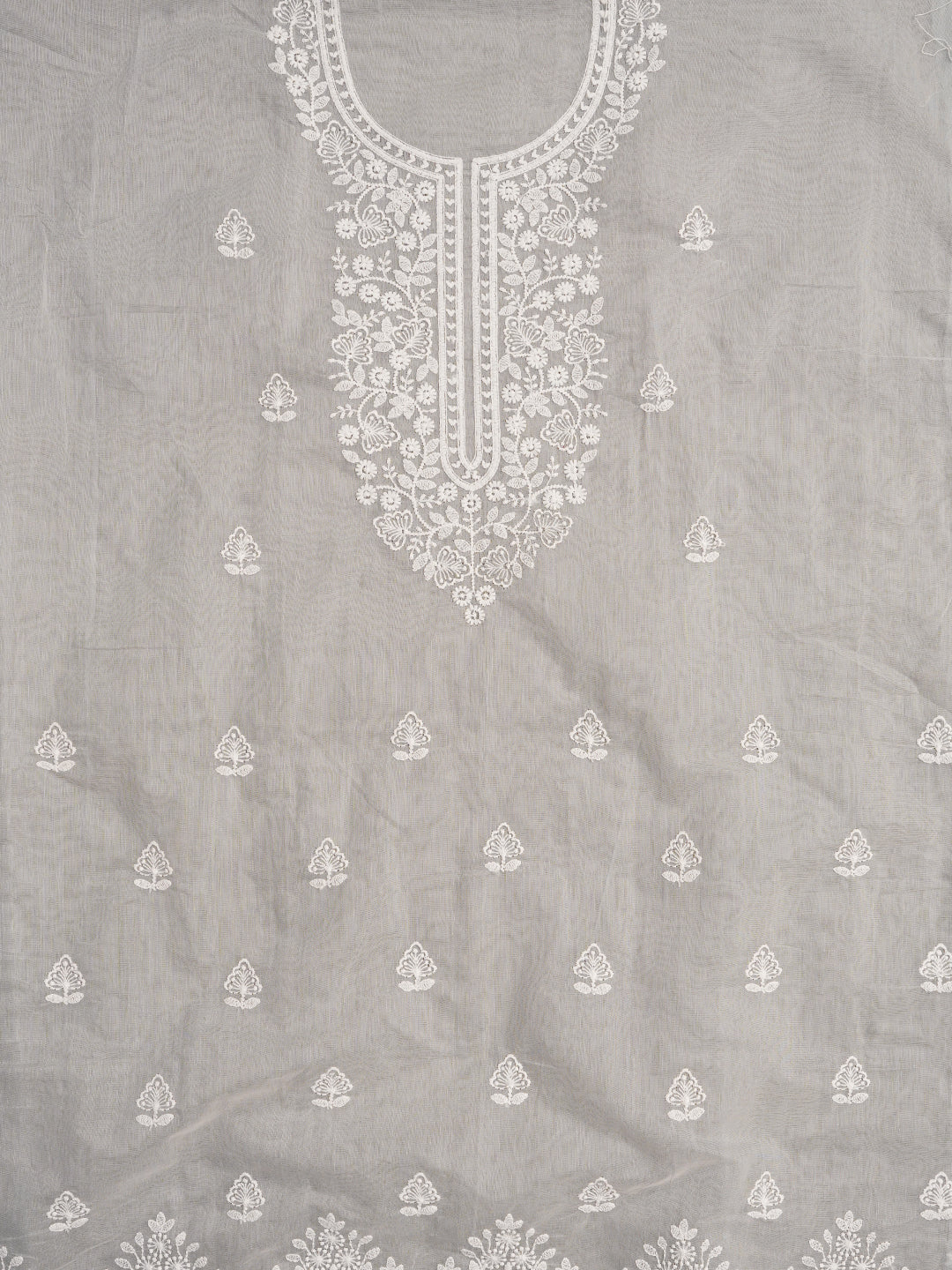 Unstitched Grey Embroidered Cotton Blend Dress Material With Dupatta