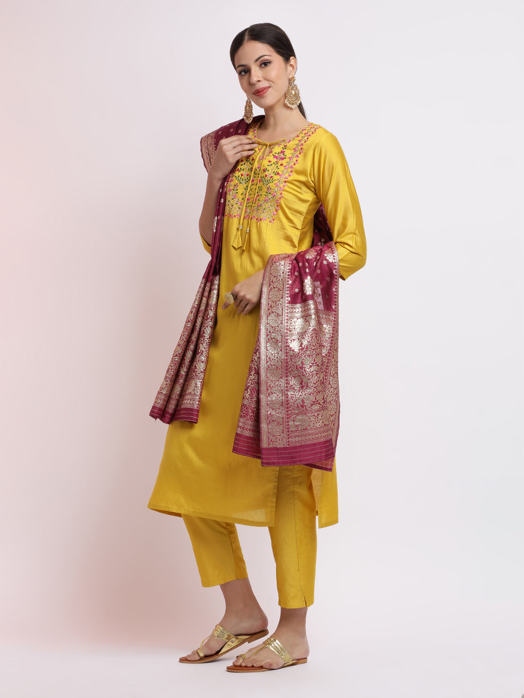 Yellow Art Silk Embroidered Kurta Set With Dupatta
