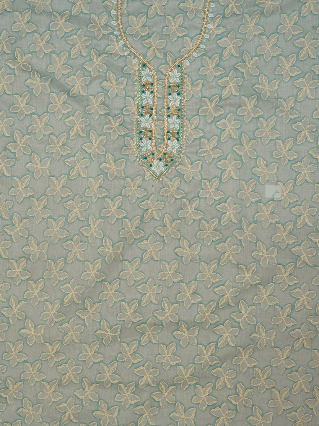 Light Green Floral Printed Embellished Cotton Dress Material with Dupatta