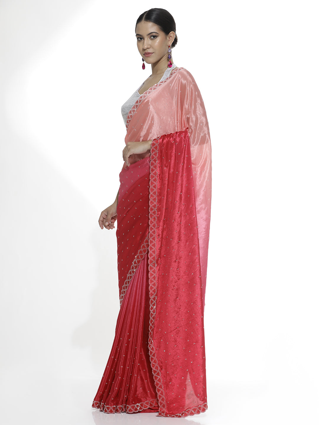 Satin Siroski Work Party Wear Red Saree