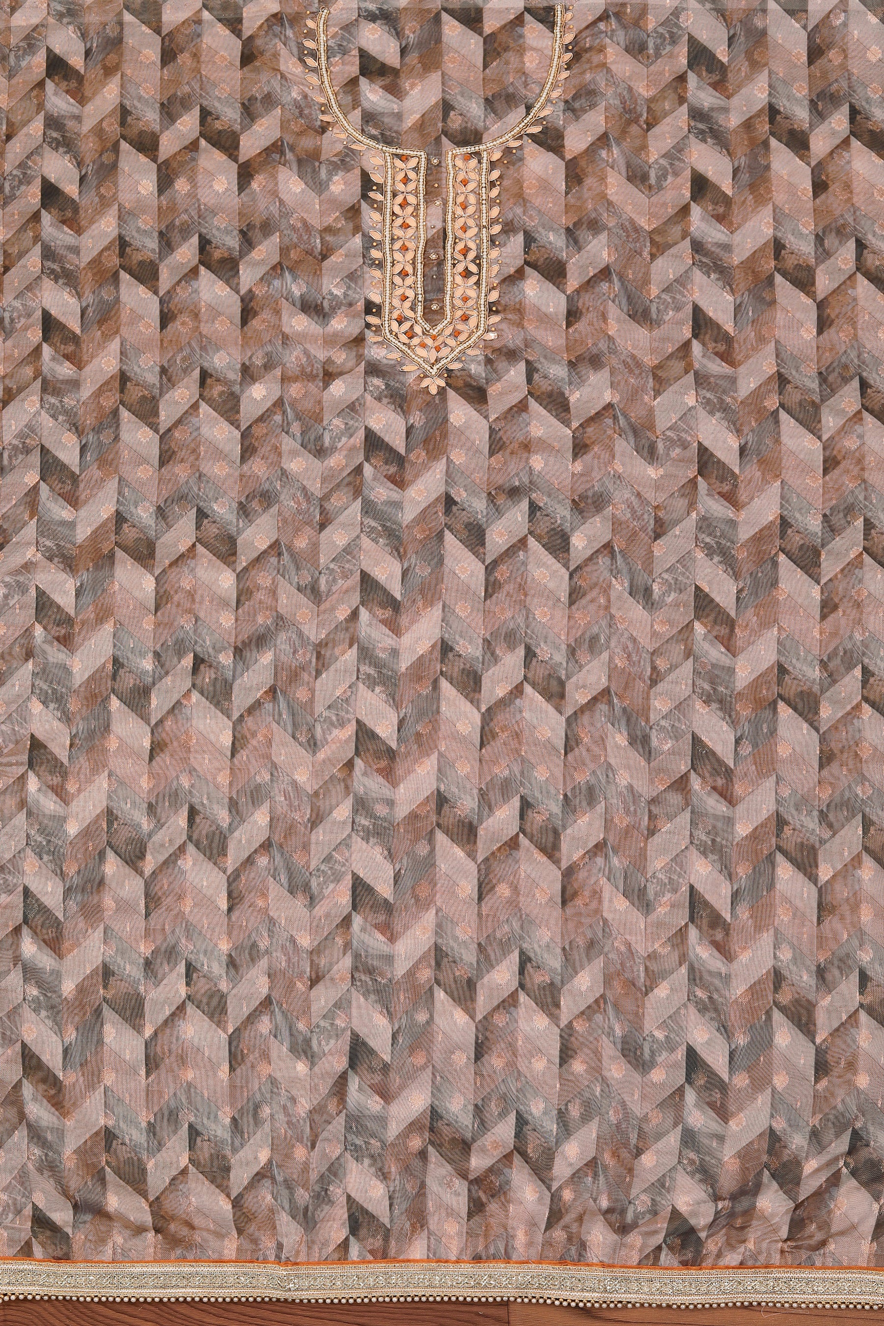 Brown Woven Design Organza Gota Patti Dress Material With Dupatta