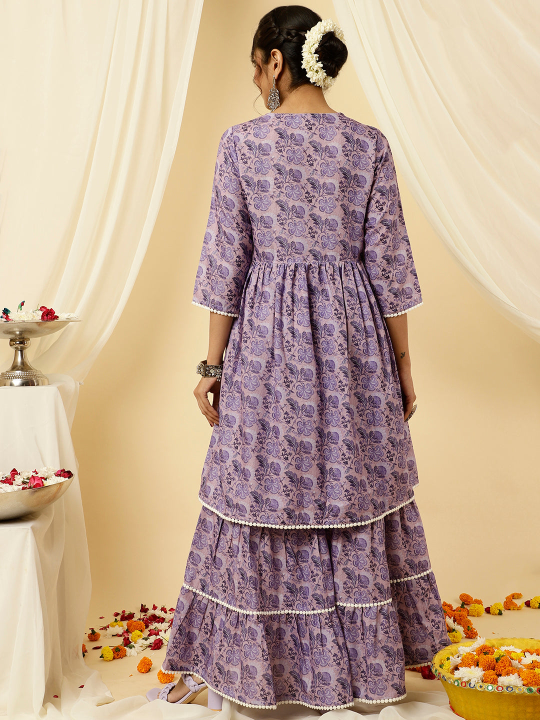 Lavender Floral Print Flared Kurta With Sharara