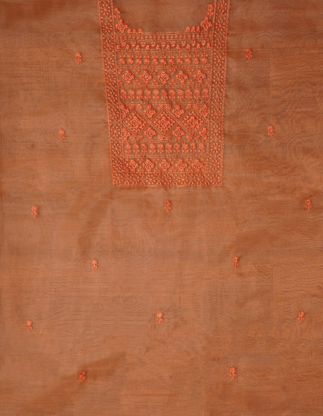 Orange Unstitched Embroidered Organza Festive Dress Material With Dupatta