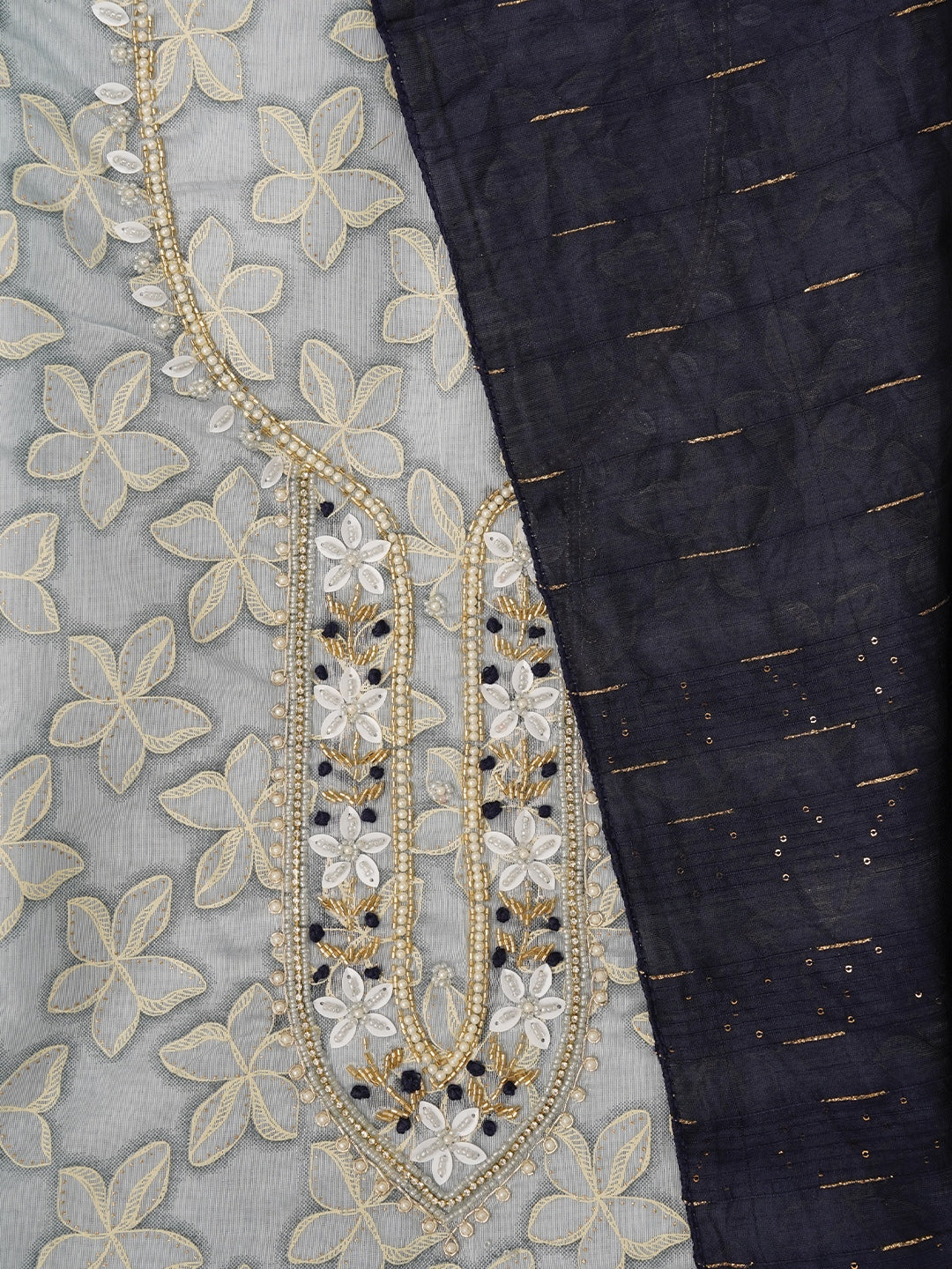 Grey Floral Printed Embellished Cotton Dress Material with Dupatta