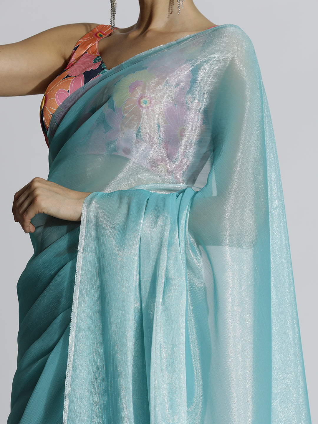 Sky Blue Festive Tissue Solid Saree