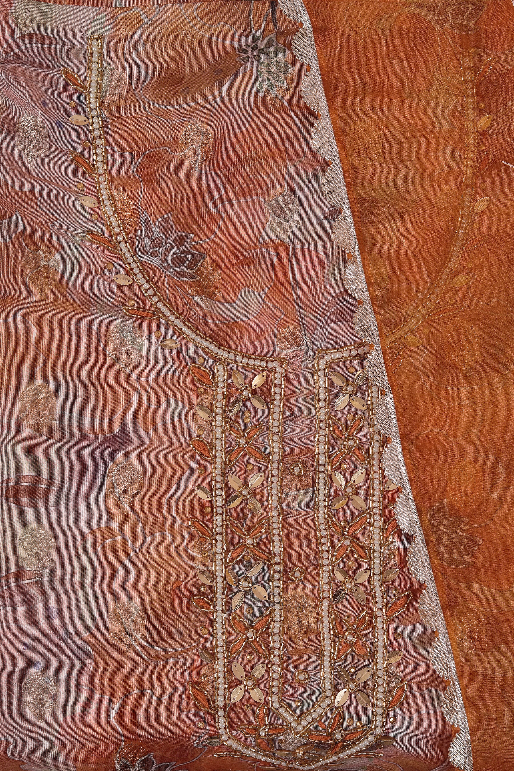 Light Orange Embellished Ethnic Motif Printed Organza Dress Material With Dupatta