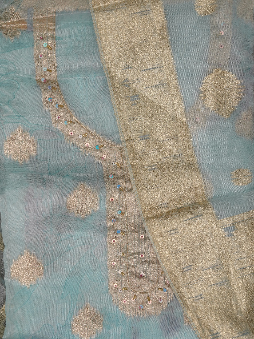 Sea Green Floral Printed Embellished Organza Dress Material with Dupatta