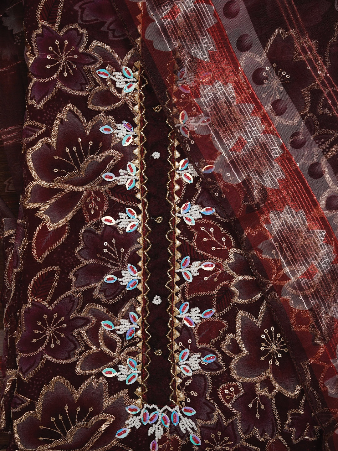 Red Unstitched Embellished Organza Dress Material With Dupatta