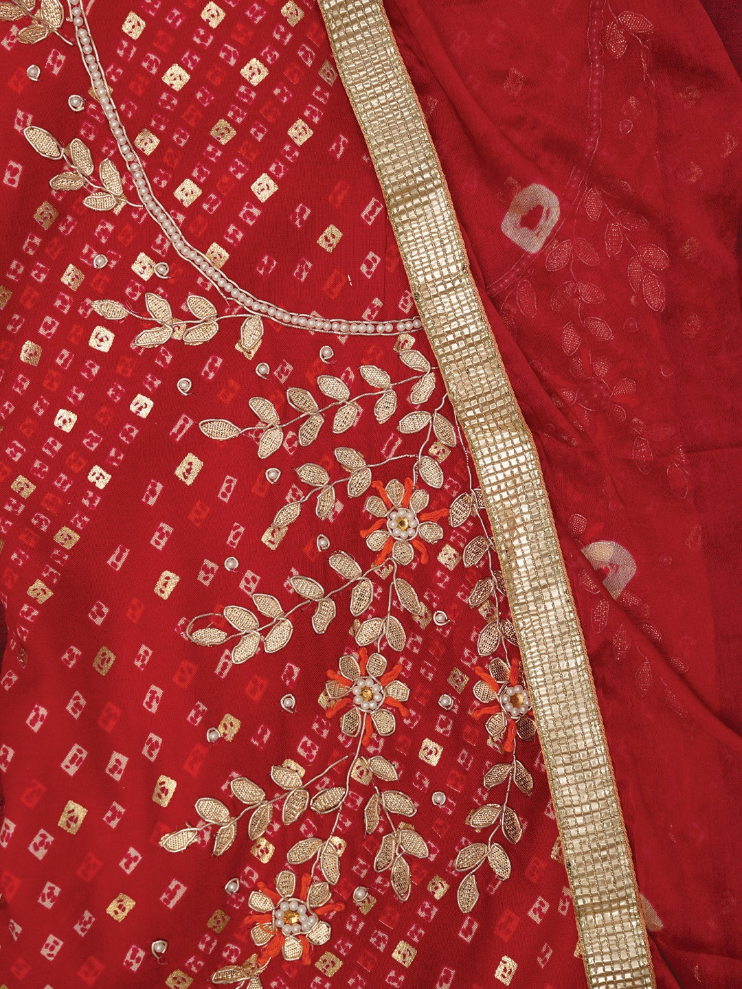 Unstitched Cotton Bandhani Printed Pink Dress Material With Dupatta