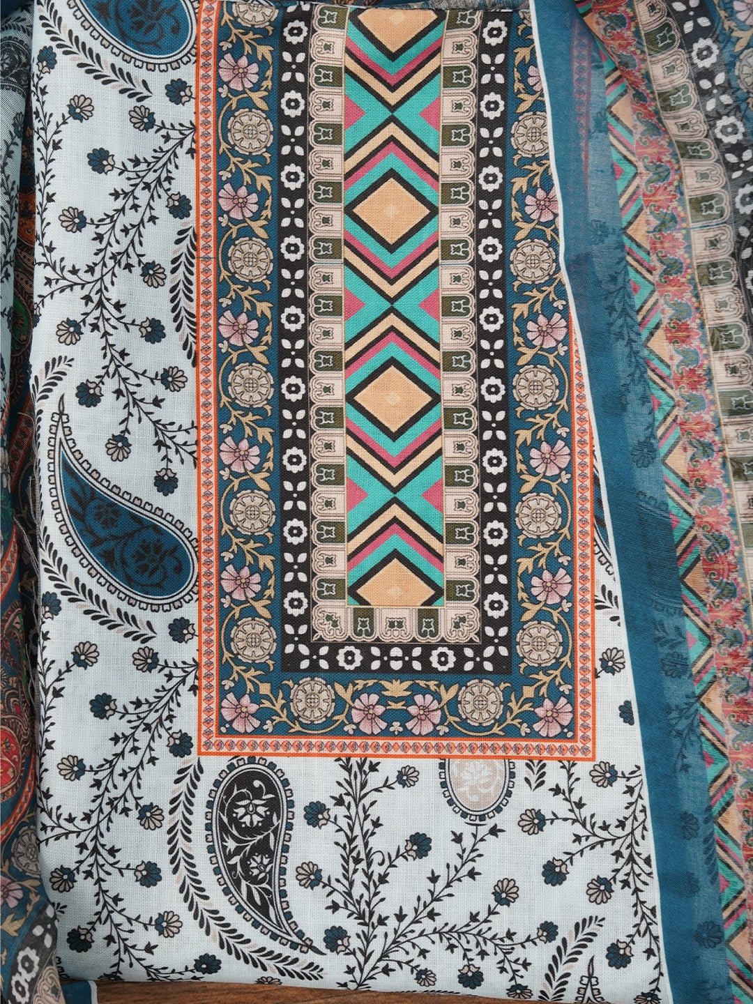 Teal Paisley Printed Cotton Blend Dress Material with Dupatta