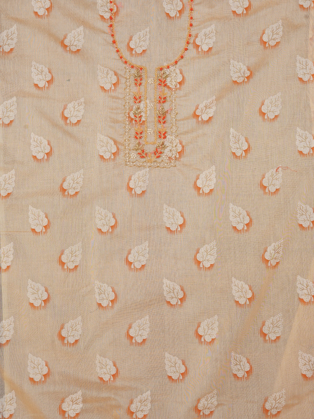 Unstitched Embellished Beige Cotton Blend Dress Material with Dupatta