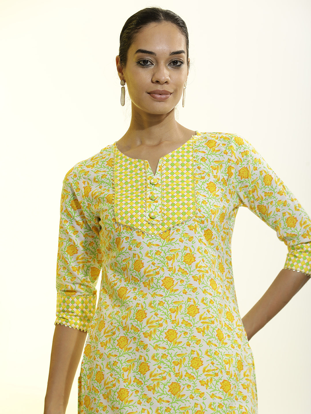 Floral Printed Cotton Blend Yellow Kurta Set