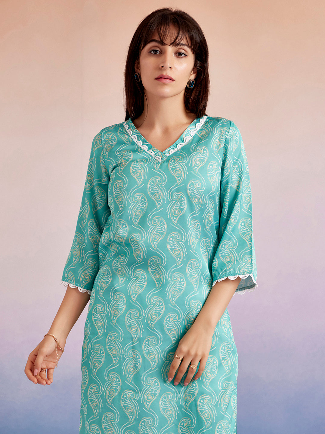 Turquoise Blue Bandhej Printed Straight Kurta