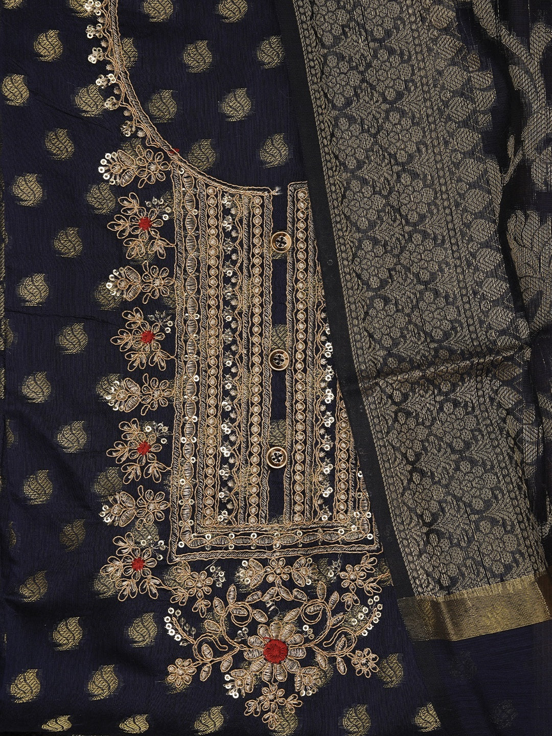 Navy Blue Zari Silk Blend Embellished Dress Material with Dupatta