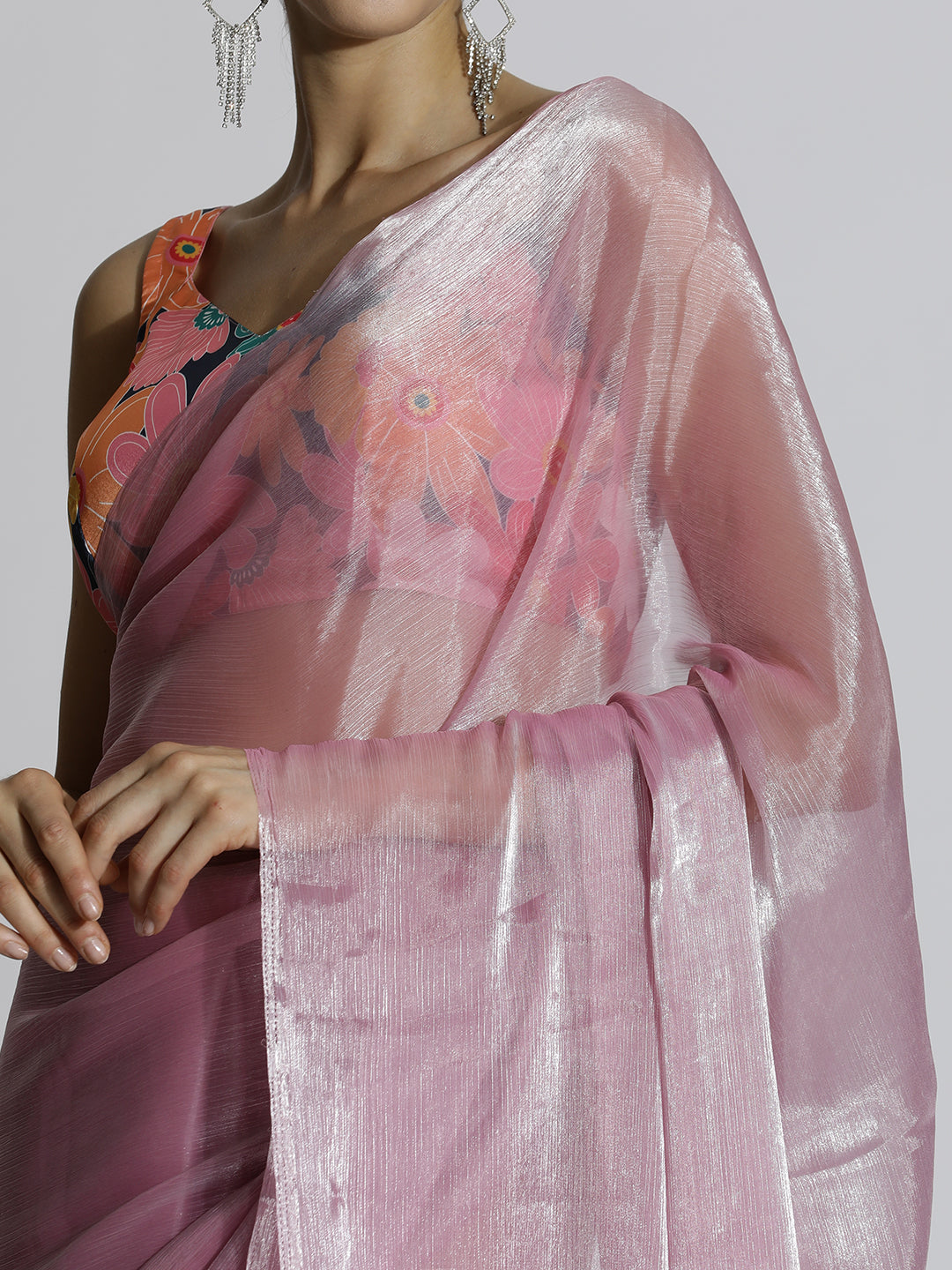 Pink Festive Tissue Solid Saree