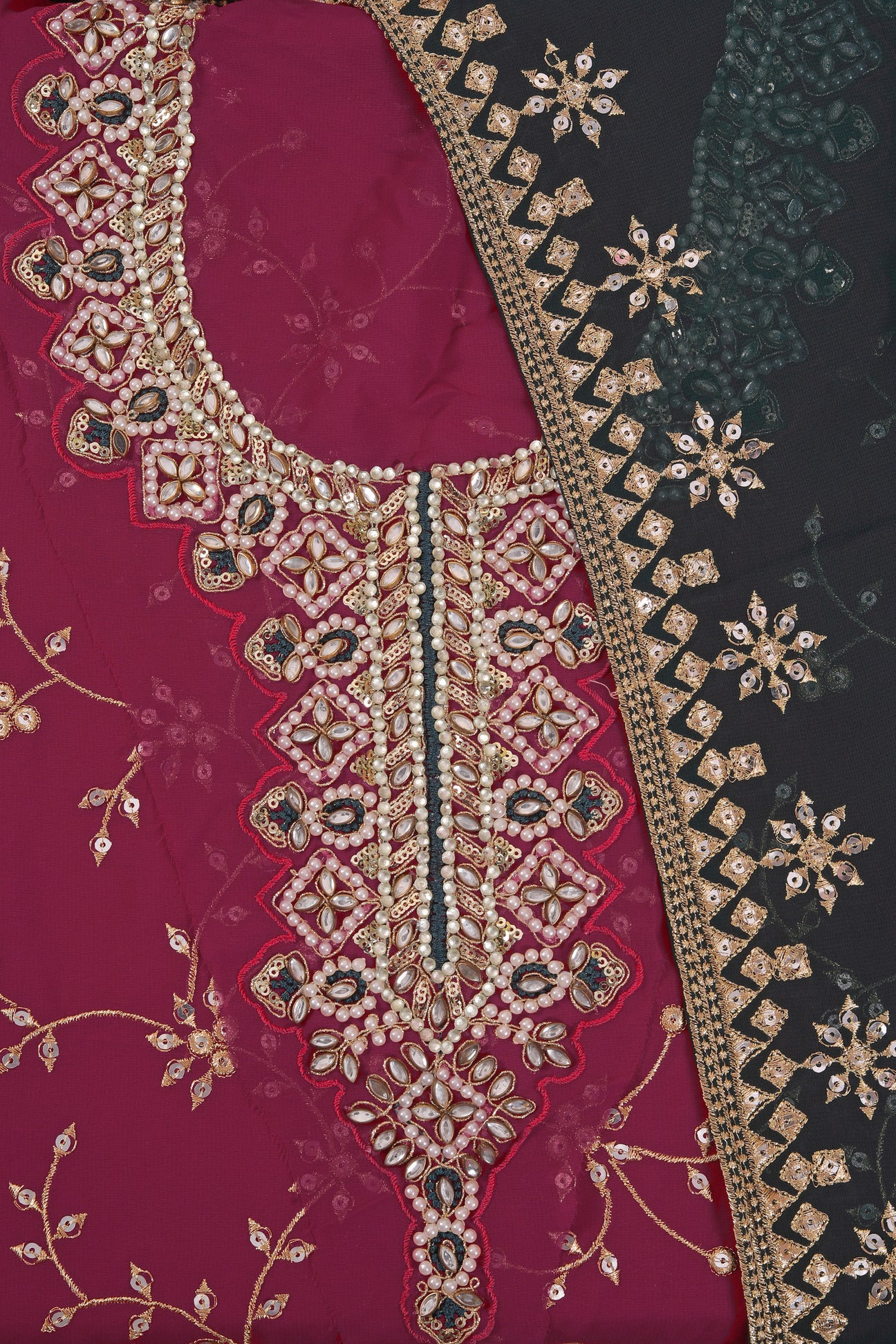 Pink Heavy Embroidered Poly Georgette Dress Material with Dupatta