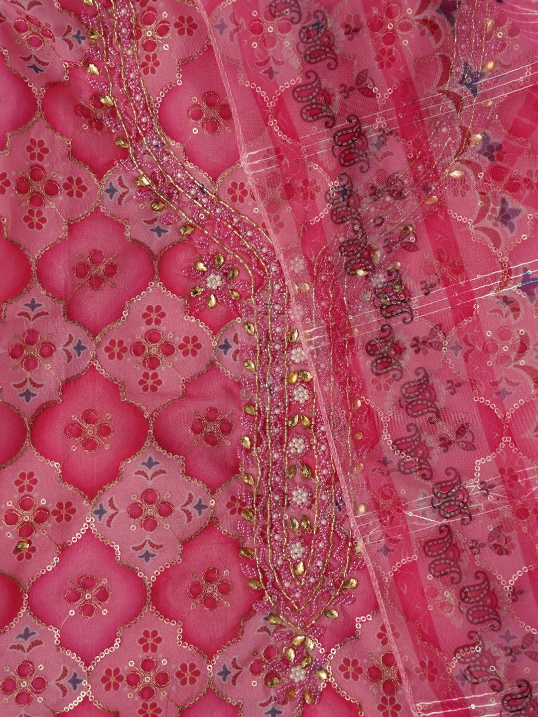 Unstitched Embroidered Organza Pink Dress Material With Dupatta