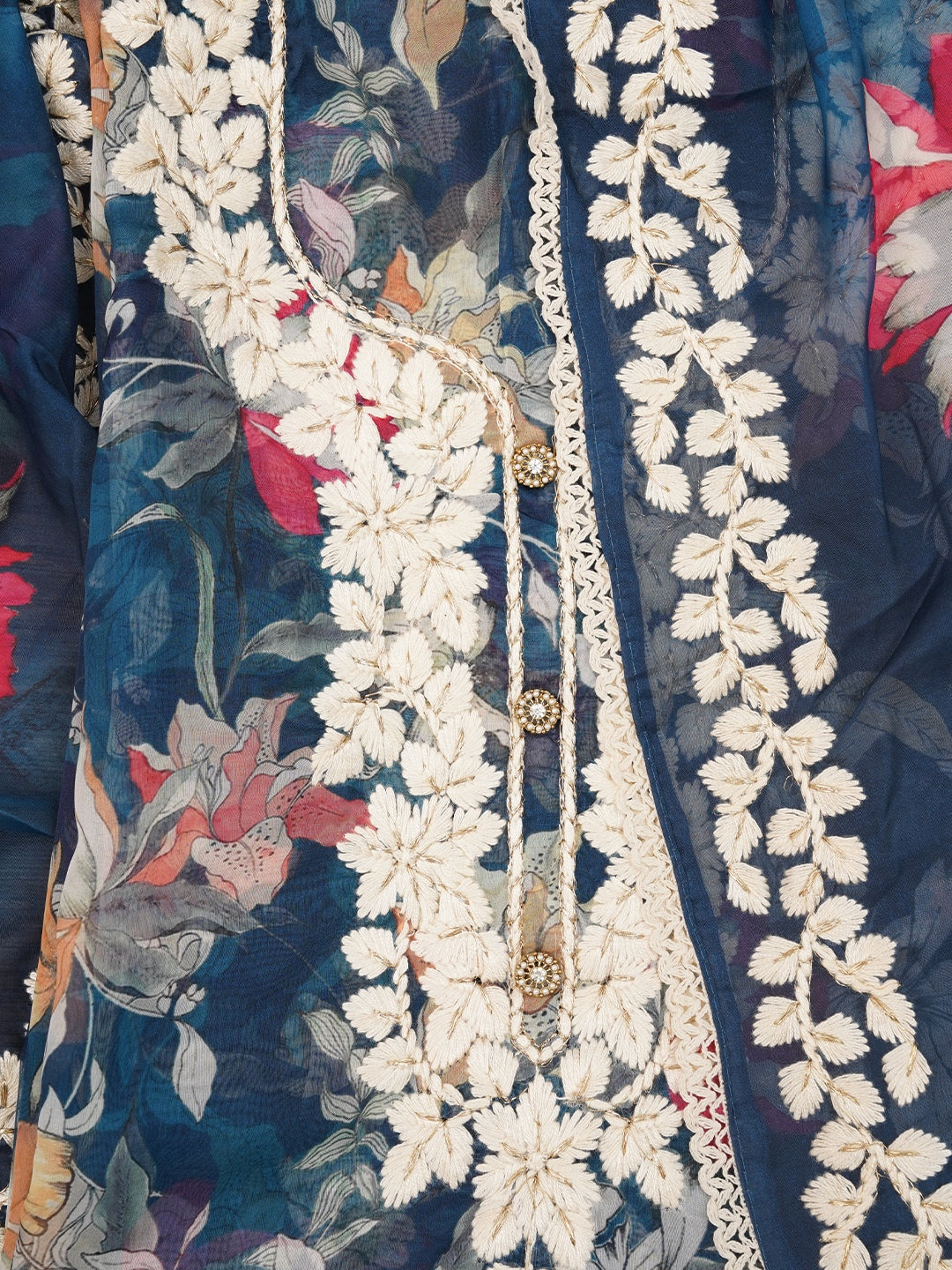 Navy Blue Lucknowi Embroidered Organza Dress Material with Dupatta