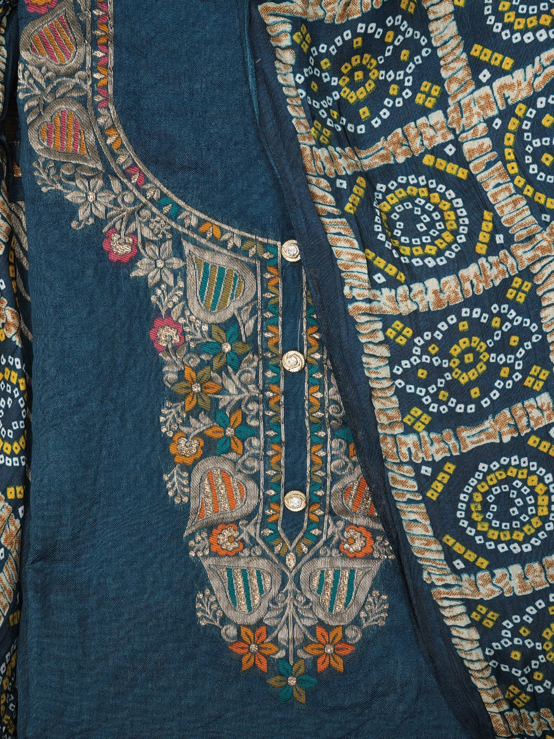 Teal Blue Unstitched Zari Silk Blend Dress Material With Dupatta