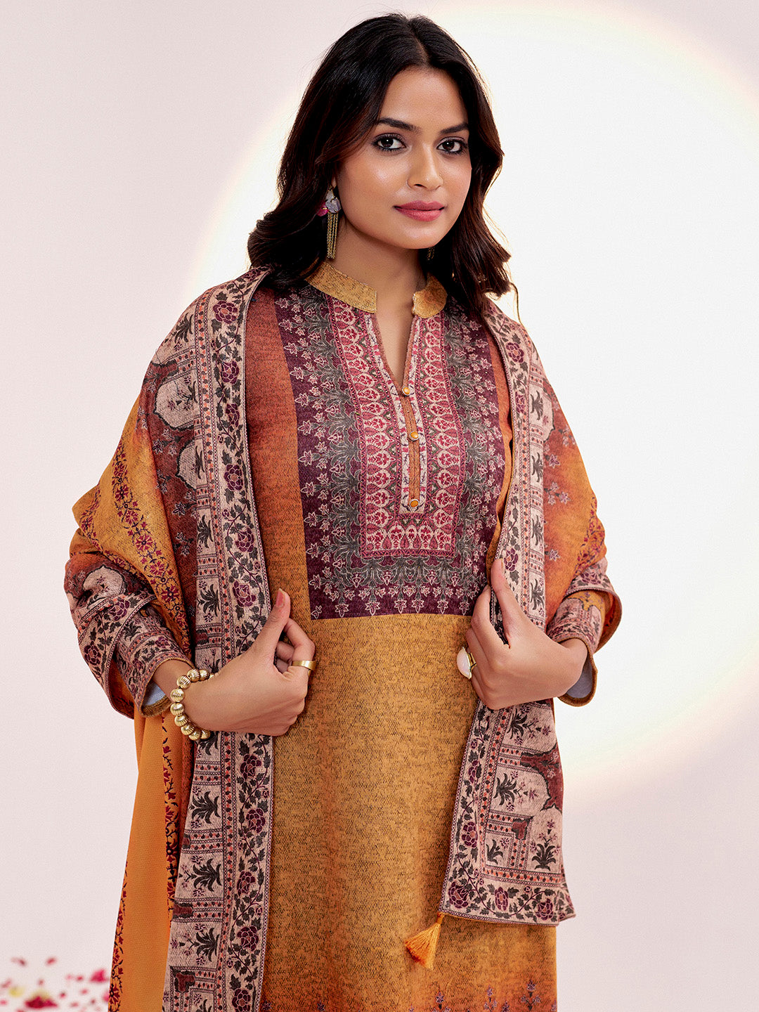 Embellished Ethnic Printed Festive Mustard Kurta Set With Dupatta