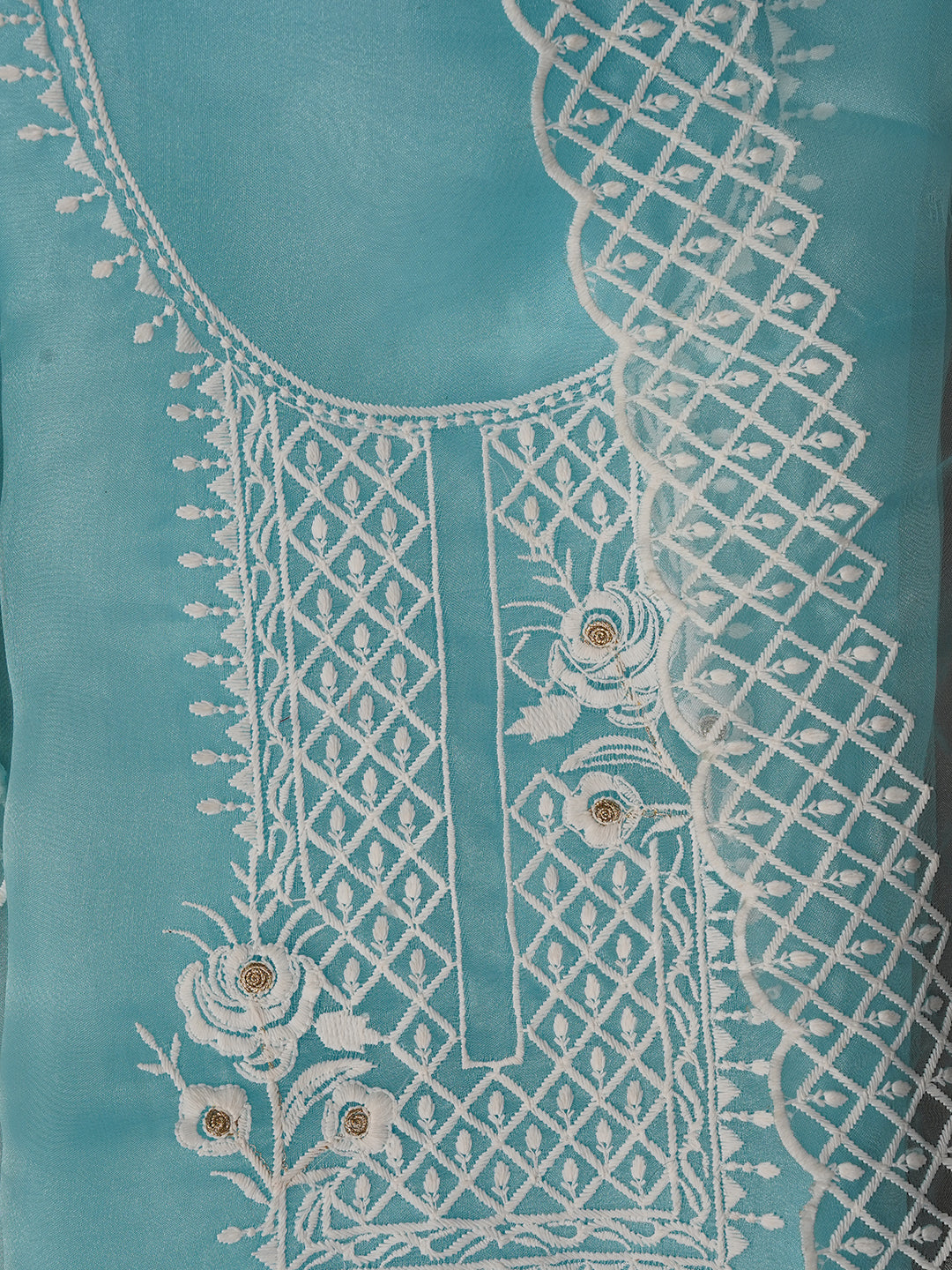 Unstitched Embroidered Organza Sky Blue Dress Material With Dupatta