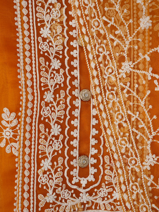 Orange Unstitched Embroidered Organza Dress Material With Dupatta